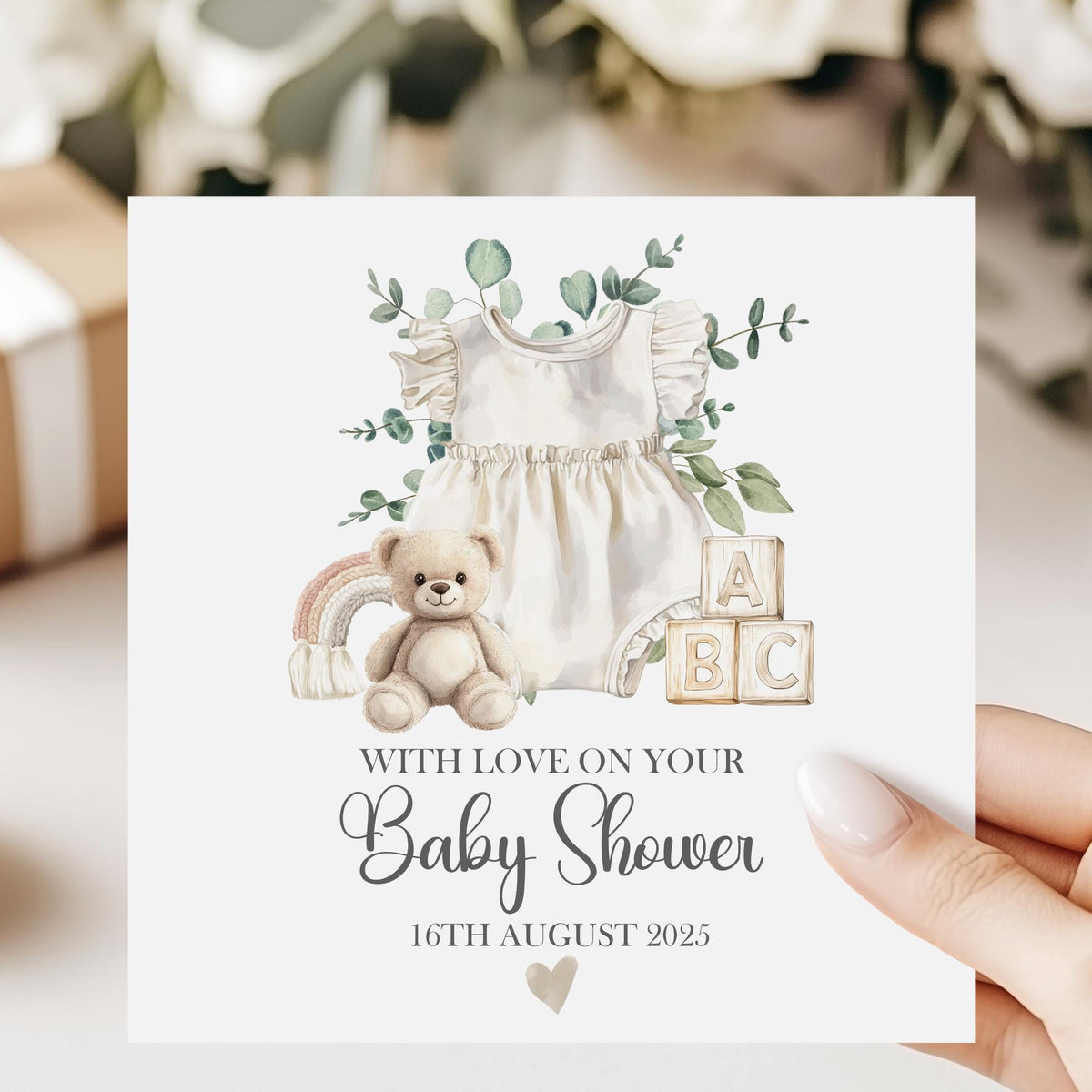 Pink Romper & Teddy Baby Shower Card for a Baby Girl – photo 2