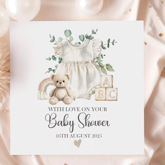 Pink Romper & Teddy Baby Shower Card for a Baby Girl – Cotton and Twigg
