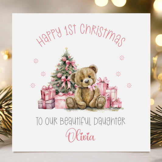 Pink Teddy & Presents Baby's First Christmas Card for Baby Girl – Cotton and Twigg