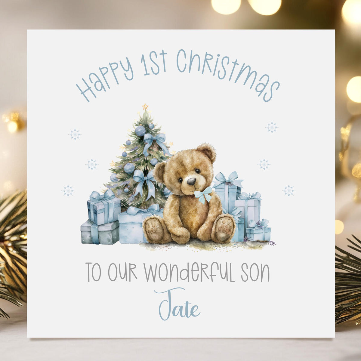 Teddy & Blue Presents Baby's First Christmas Card for Baby Boy – Cotton and Twigg
