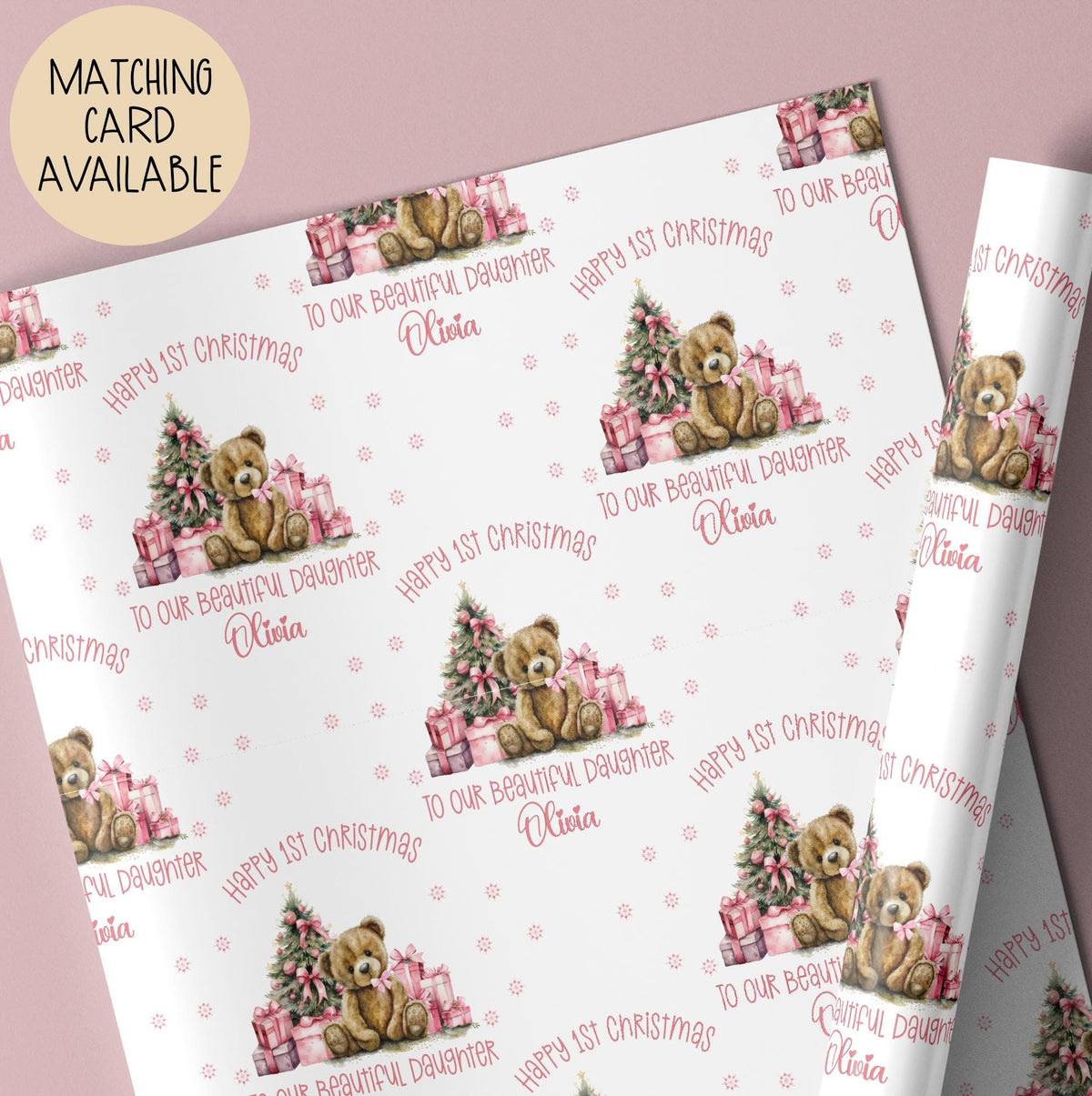 Girls pink teddy bear 1st Christmas wrapping paper