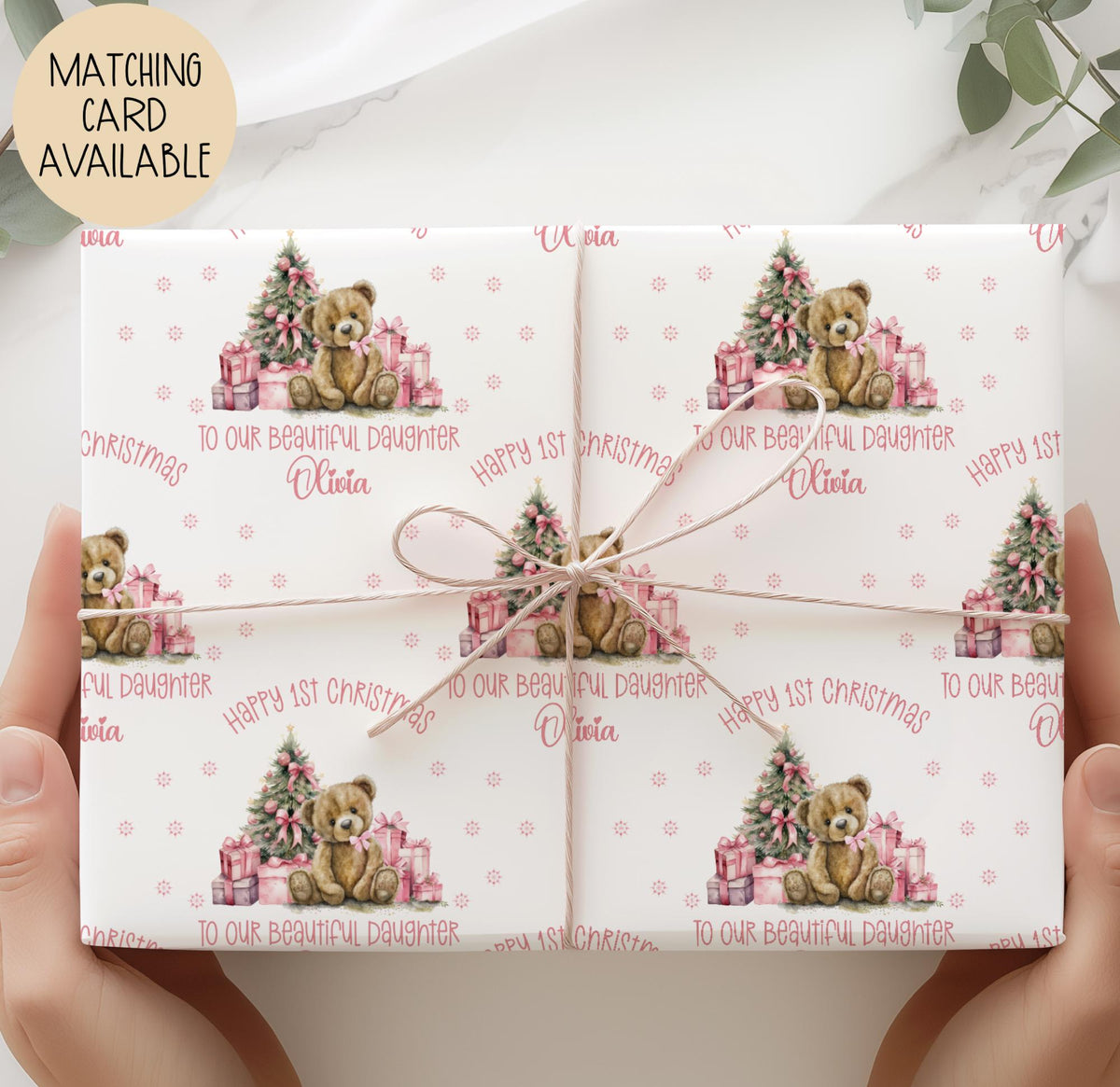 Girls pink teddy bear 1st Christmas wrapping paper
