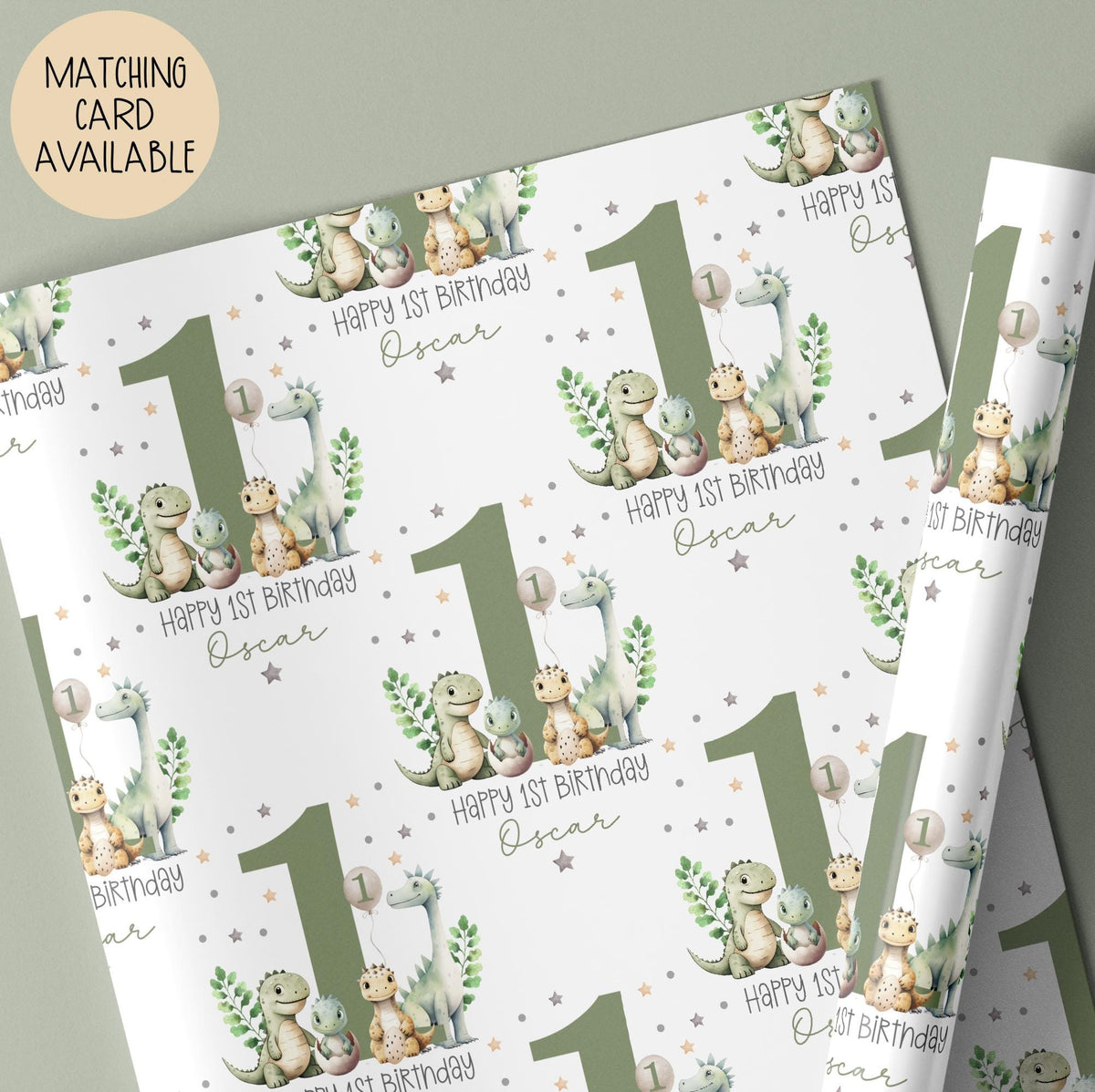 Kids green dinosaur 2nd birthday wrapping paper