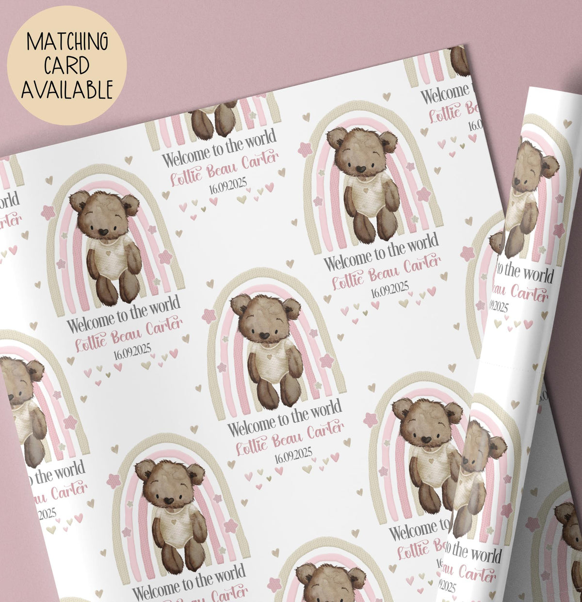 Girls pink rainbow new baby wrapping paper