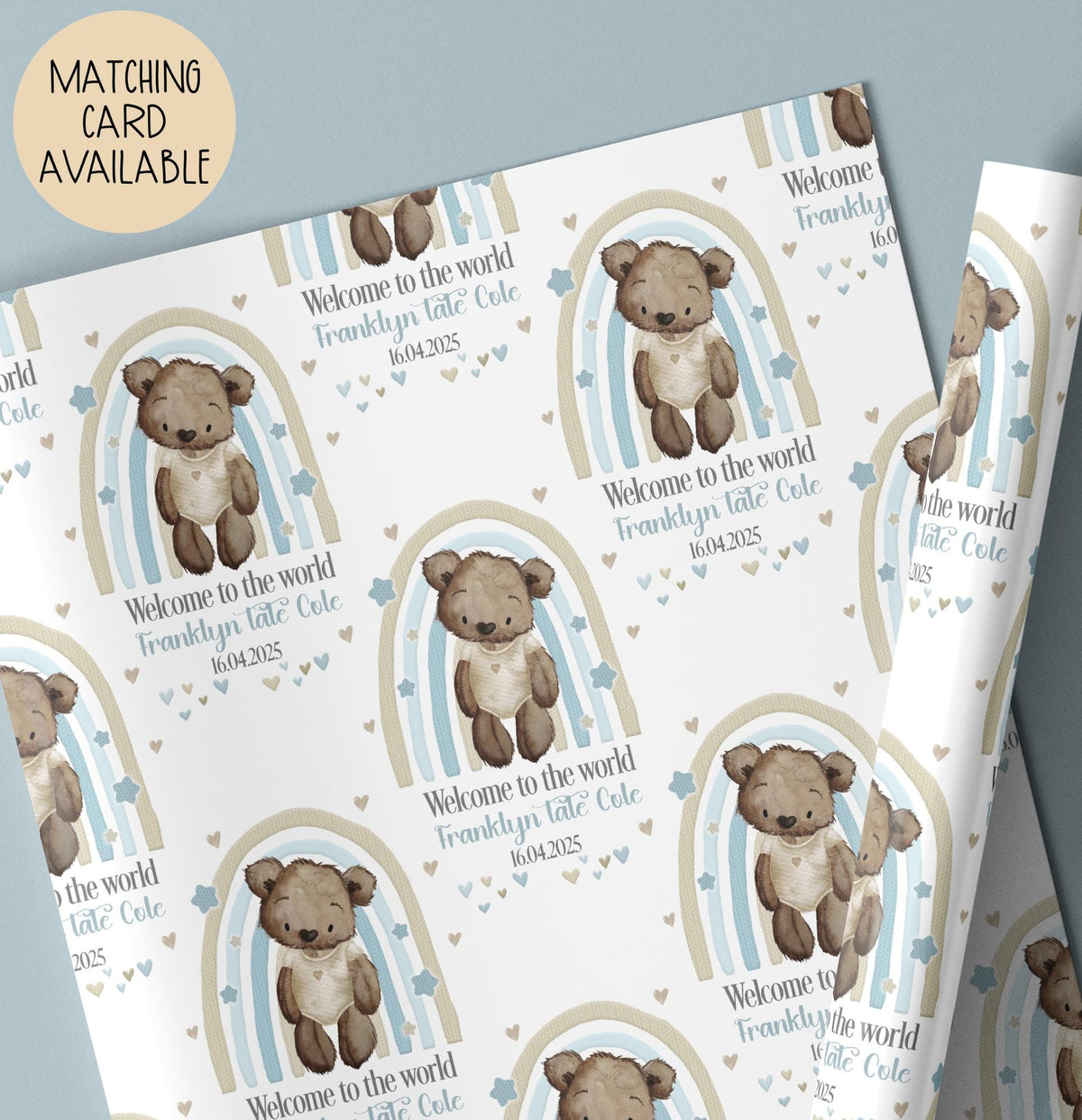 Boys blue rainbow new baby wrapping paper