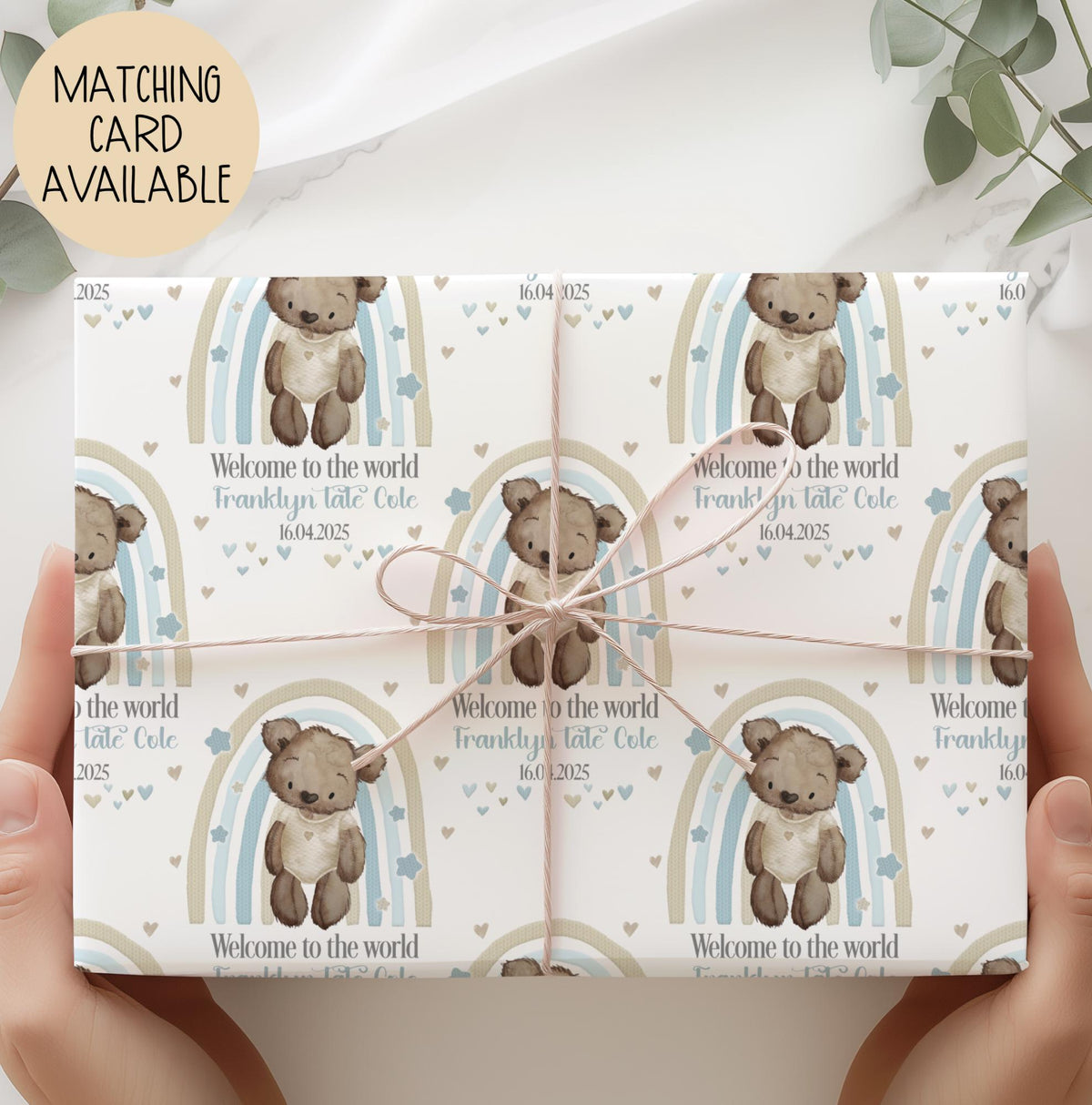 Boys blue rainbow new baby wrapping paper