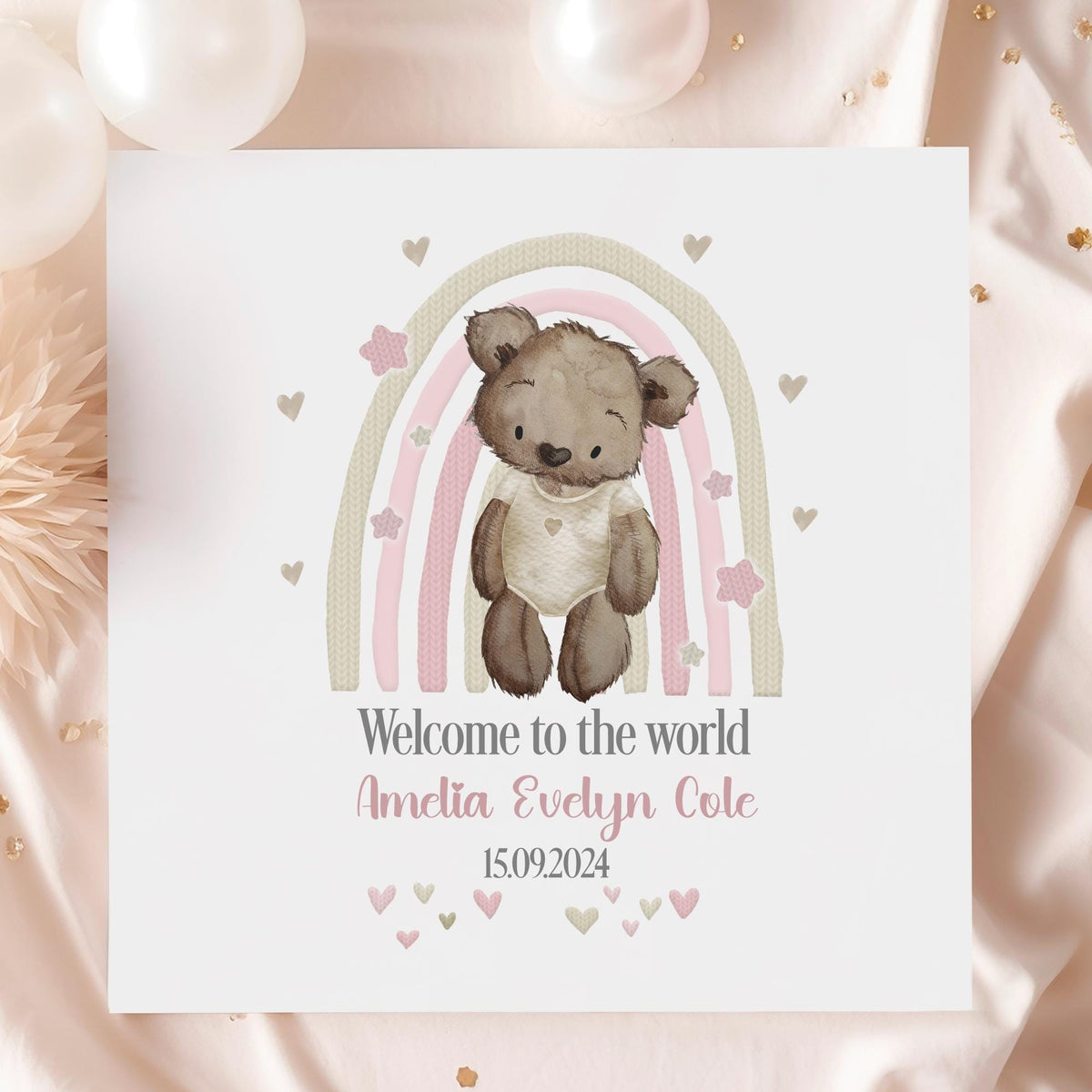 Pink Rainbow Teddy New Baby Girl Card – Cotton and Twigg