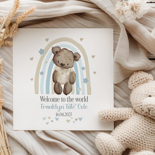 Blue Rainbow Teddy New Baby Boy Card – Cotton and Twigg