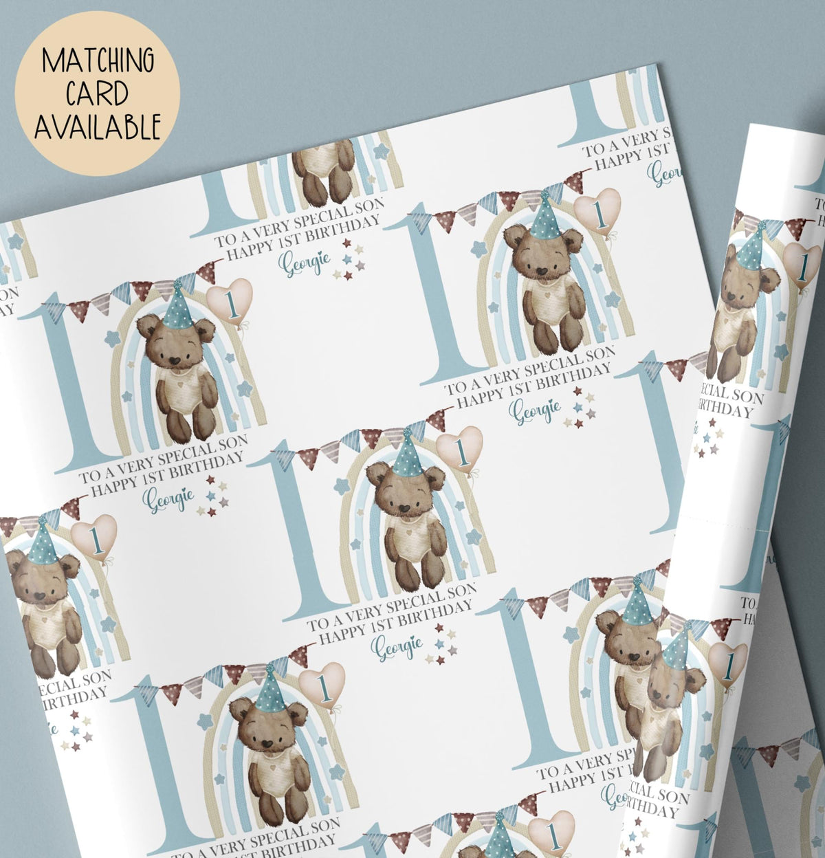 Boys rainbow teddy 1st birthday wrapping paper