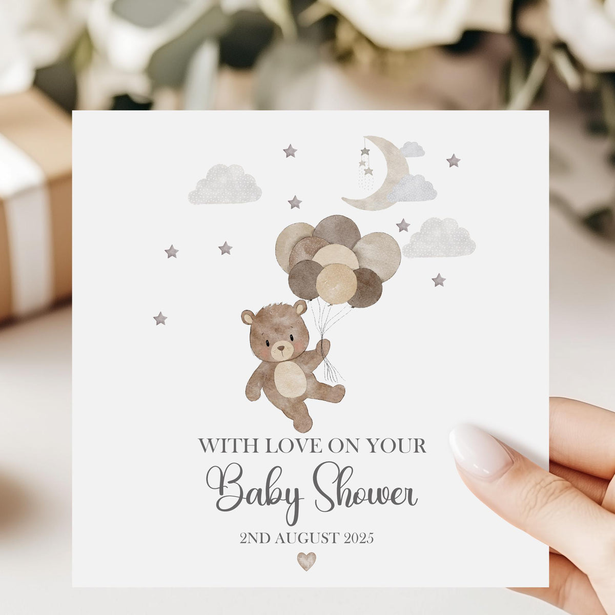 Neutral Teddy & Balloons Baby Shower Card – Cotton and Twigg