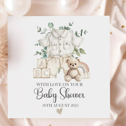 Romper & Teddy Baby Shower Card for a Baby Boy – Cotton and Twigg