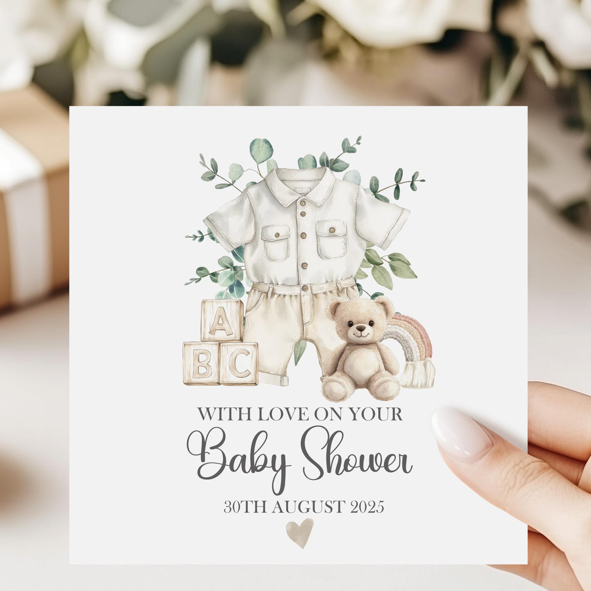 Romper & Teddy Baby Shower Card for a Baby Boy – photo 2