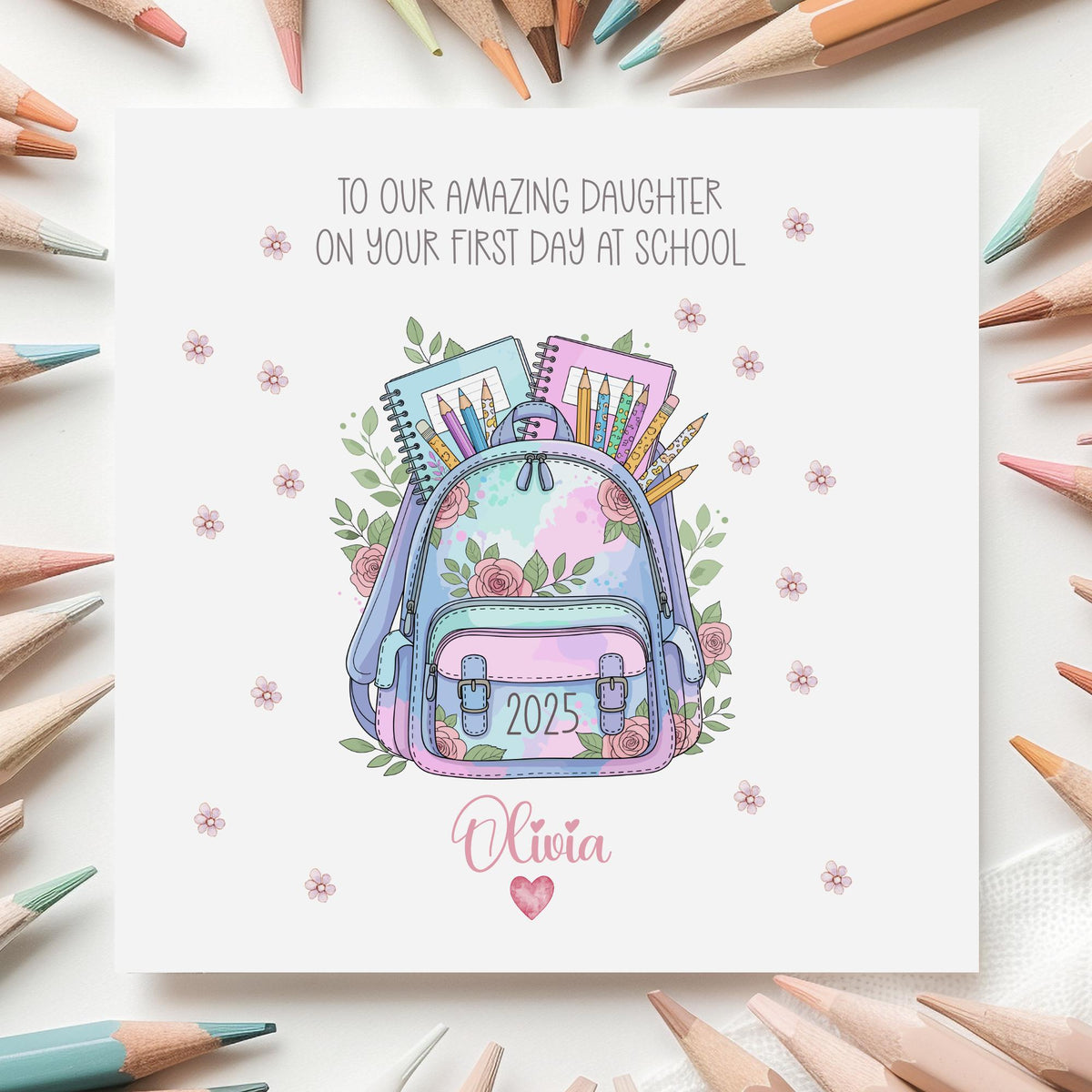 Floral Backpack First Day at School Card for Girls – Cotton and Twigg