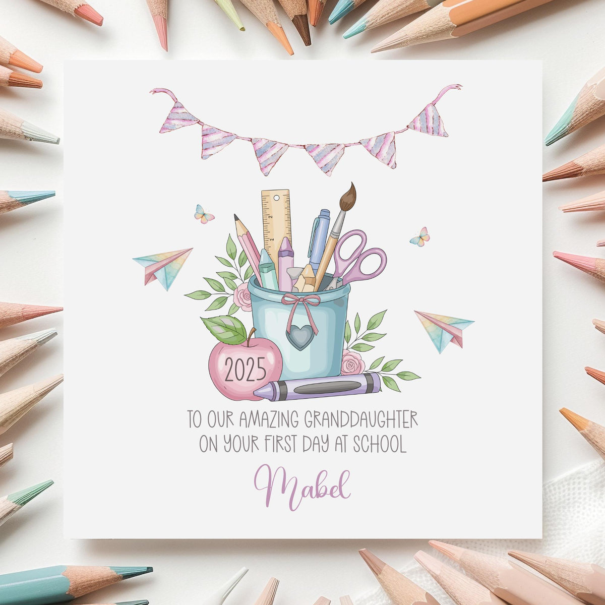 Pencil Pot & Bunting First Day at School Card for Girls – photo 3