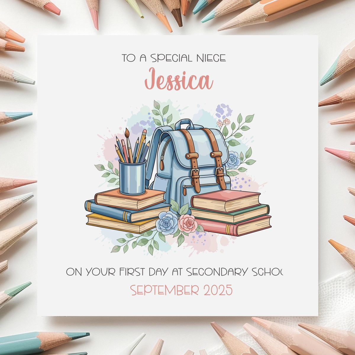 Books & Backpack First Day at Secondary School Card for Girls – Cotton and Twigg