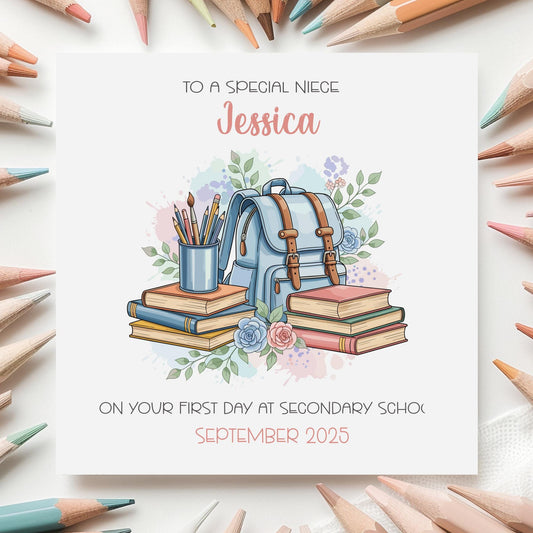 Books & Backpack First Day at Secondary School Card for Girls – Cotton and Twigg