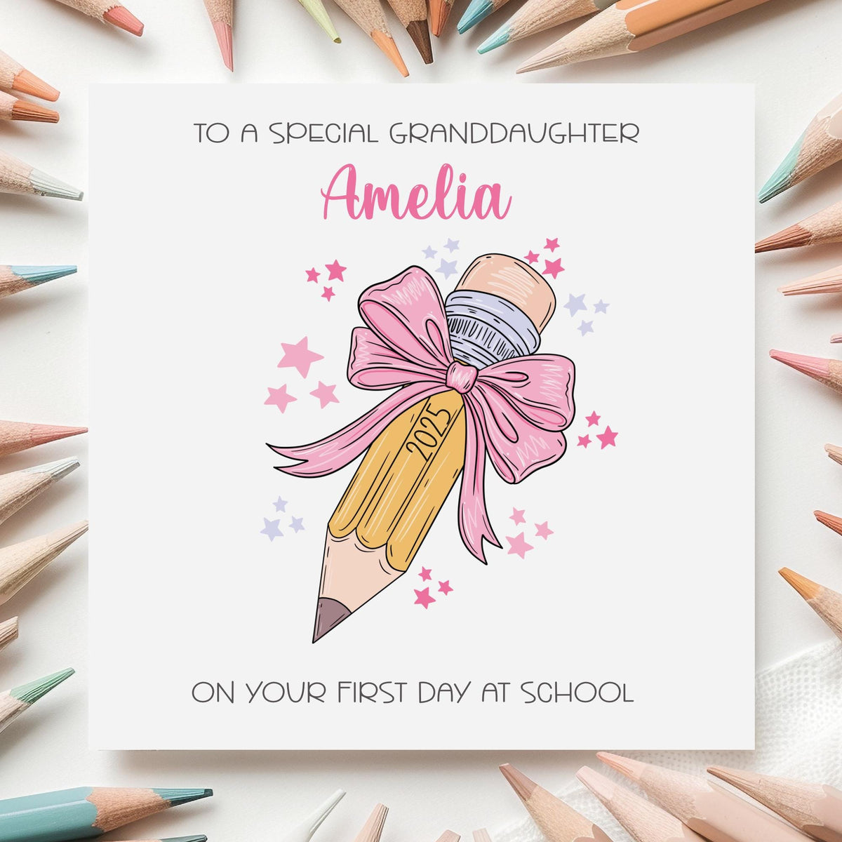 Pink Bow Pencil First Day at School Card for Girls – Cotton and Twigg