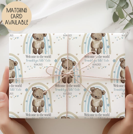 Boys blue rainbow new baby wrapping paper