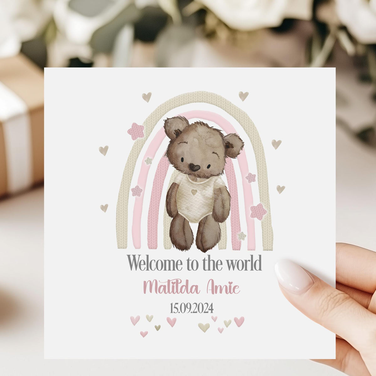 Pink Rainbow Teddy New Baby Girl Card – photo 2