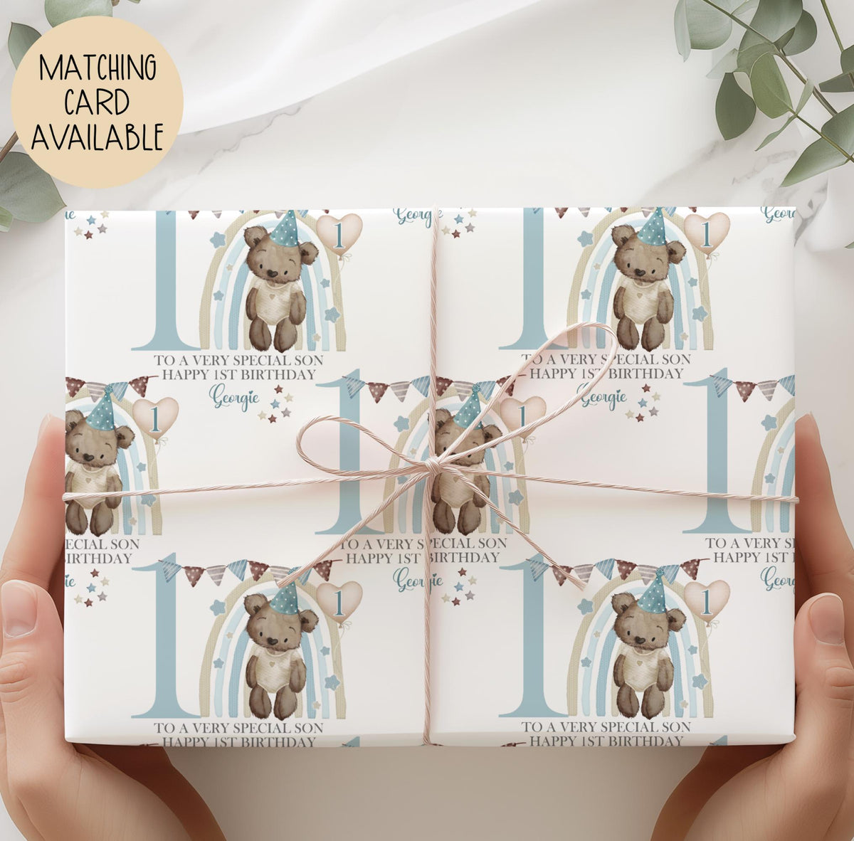 Boys rainbow teddy 1st birthday wrapping paper