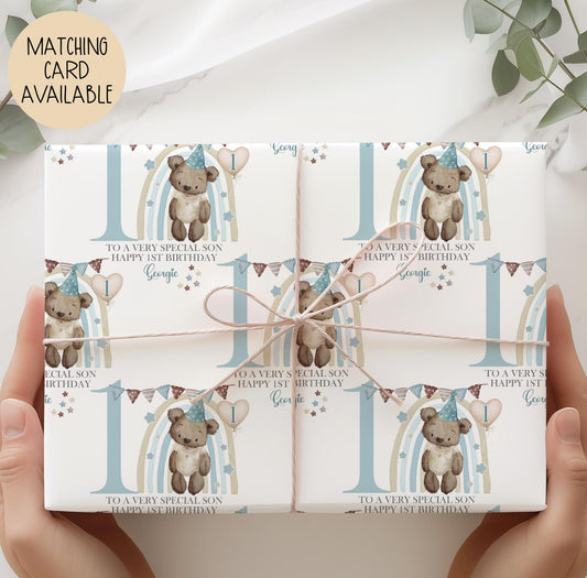 Boys rainbow teddy 1st birthday wrapping paper