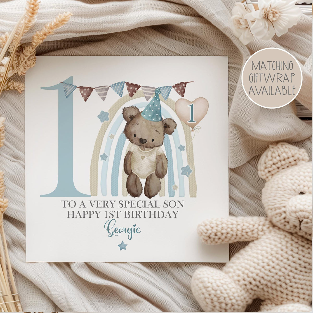 Rainbow Teddy 1st Birthday Card for Boys – Cotton and Twigg