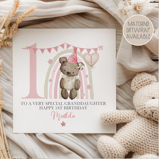 Pink Rainbow Teddy 1st Birthday Card for Girls – Cotton and Twigg