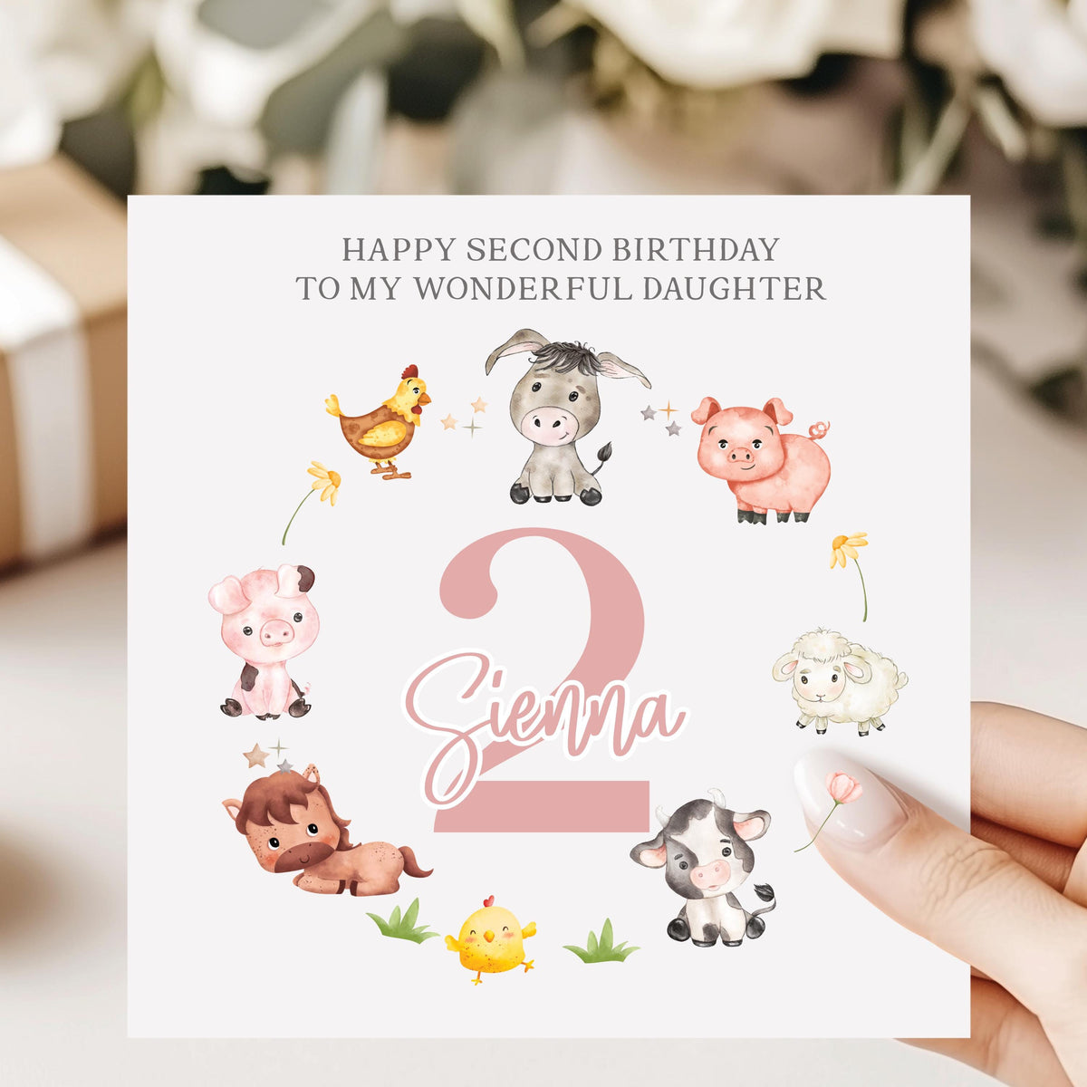 Farm Animals Wreath Birthday Card for Baby Girls – Cotton and Twigg