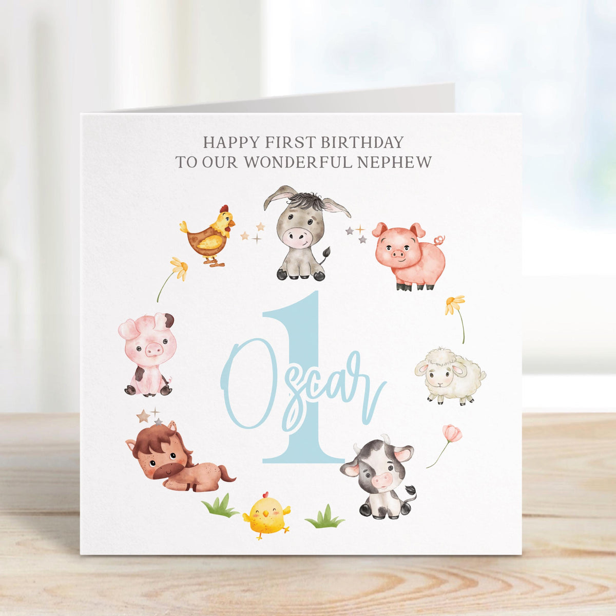 Farm Animals Wreath Birthday Card for Baby Boys – Cotton and Twigg