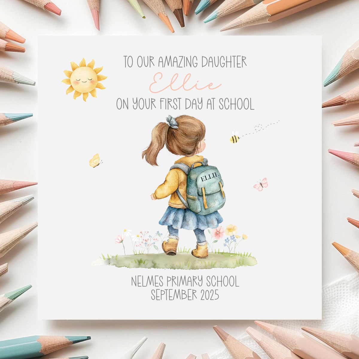 Little Girl with Backpack First Day at School Card – Cotton and Twigg
