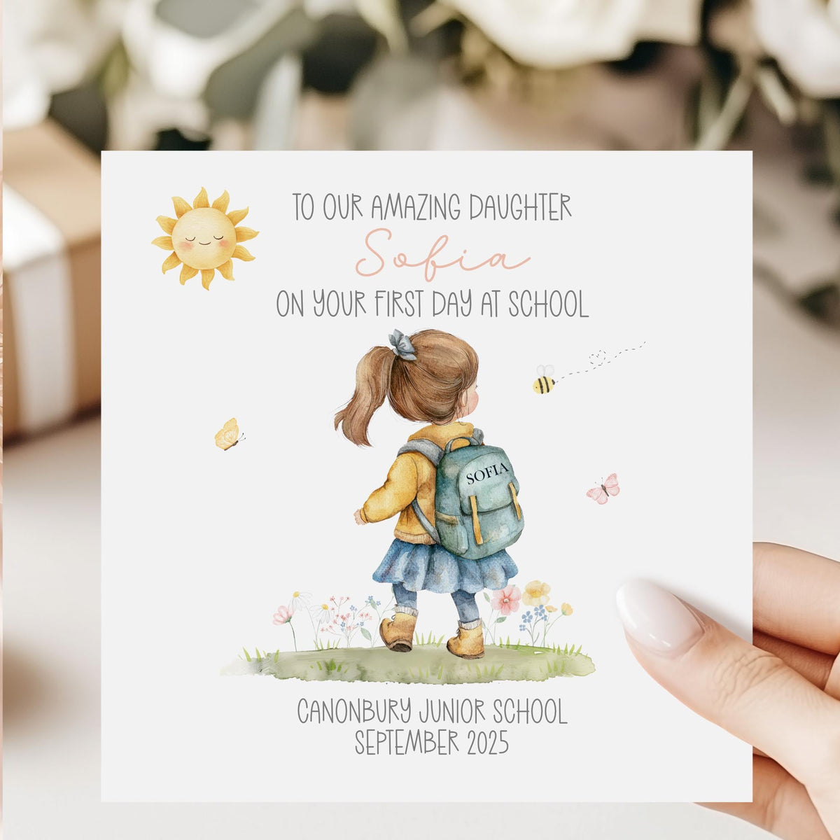 Little Girl with Backpack First Day at School Card – photo 2