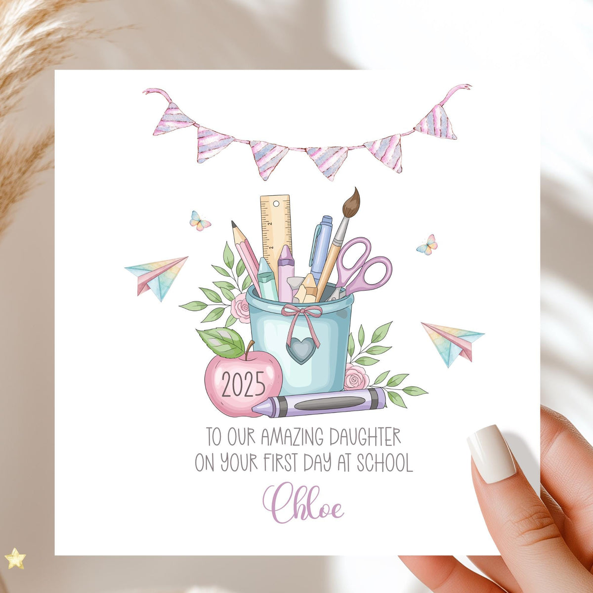 Pencil Pot & Bunting First Day at School Card for Girls – Cotton and Twigg
