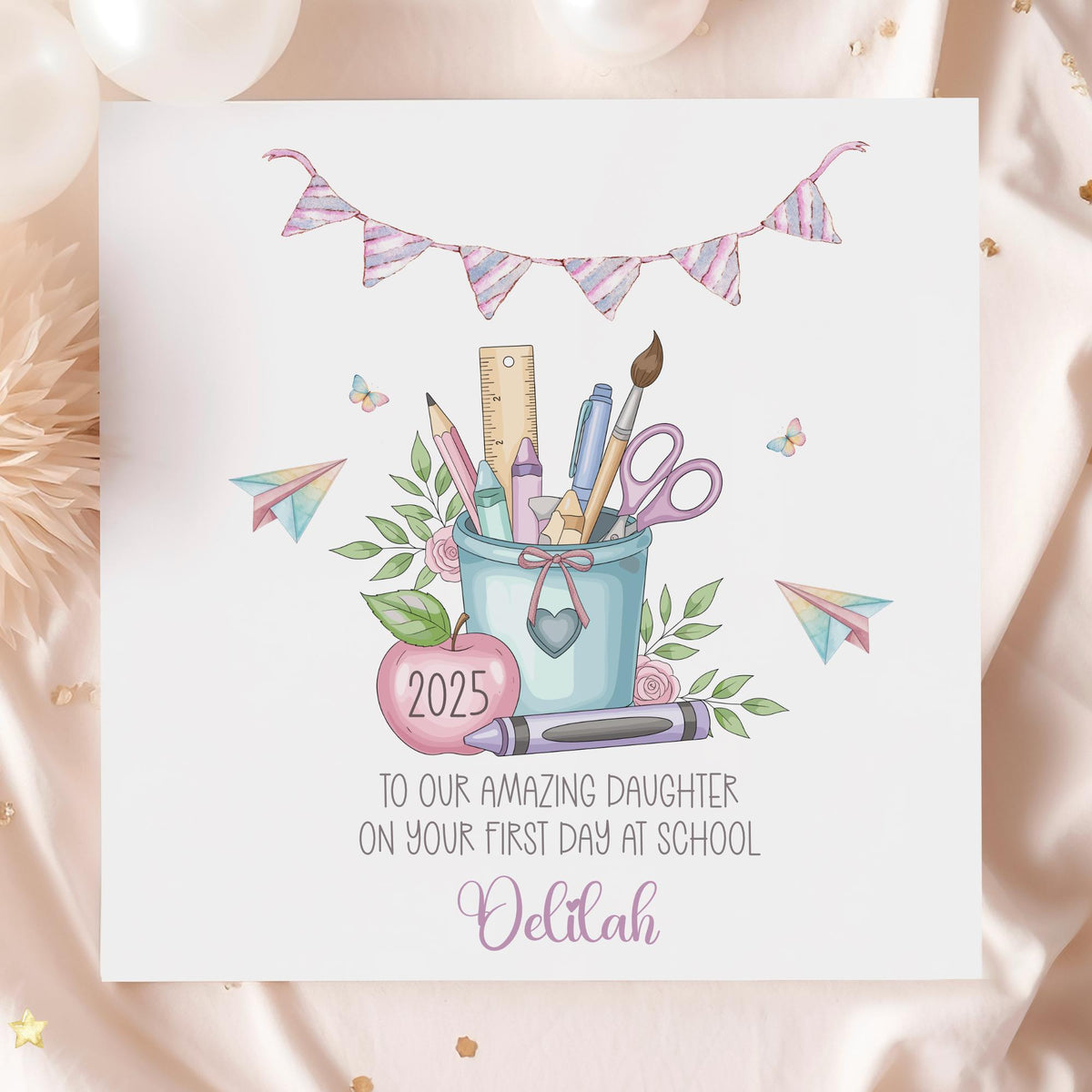 Pencil Pot & Bunting First Day at School Card for Girls – photo 2