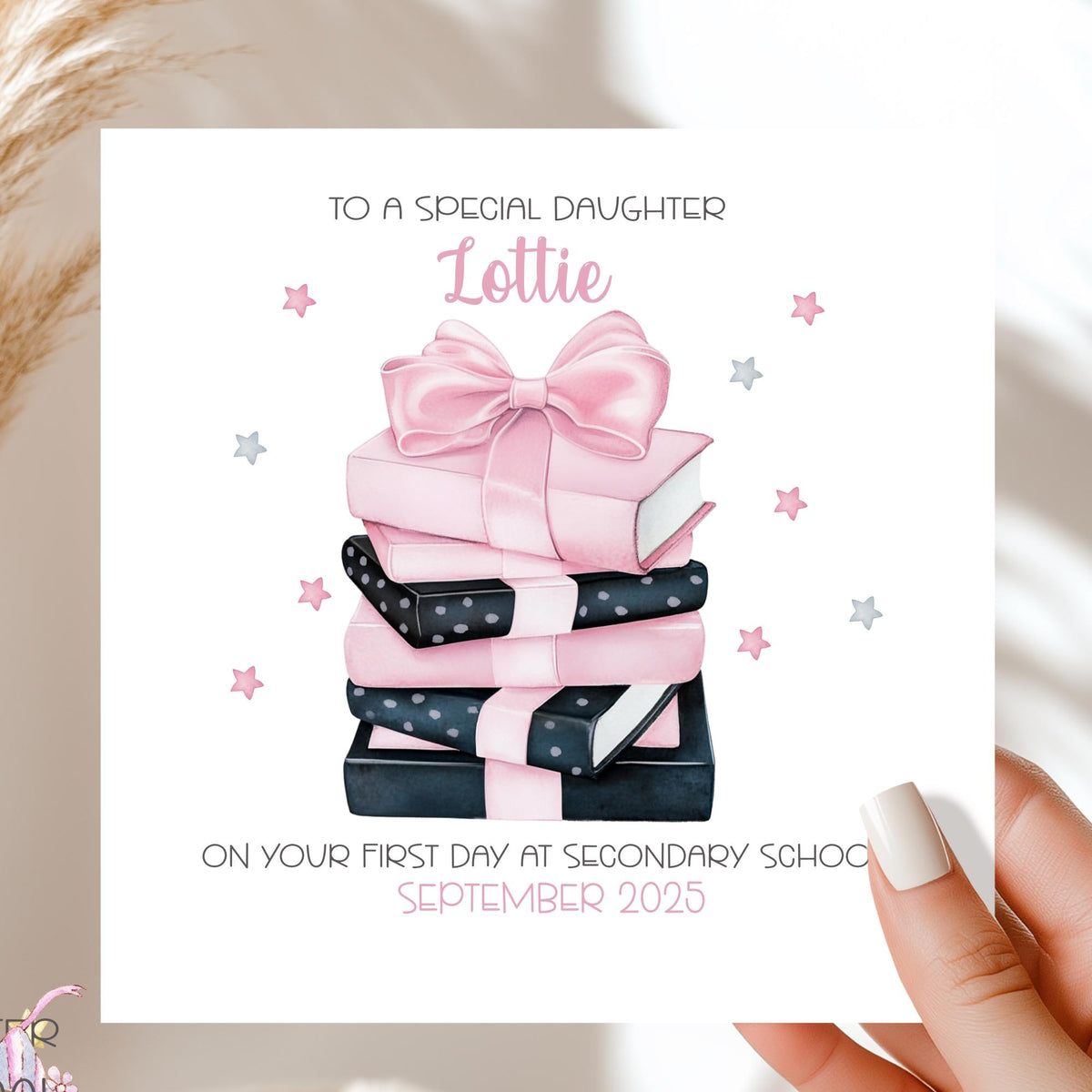 Pink Bow Books First Day at Secondary School Card for Girls – Cotton and Twigg