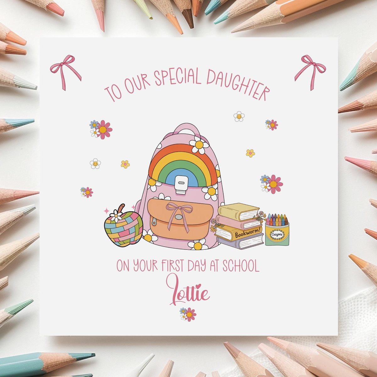 Rainbow Backpack First Day at School Card for Girls – Cotton and Twigg