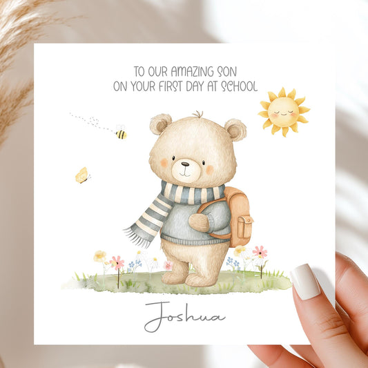 Teddy with Backpack First Day at School Card for Boys – Cotton and Twigg