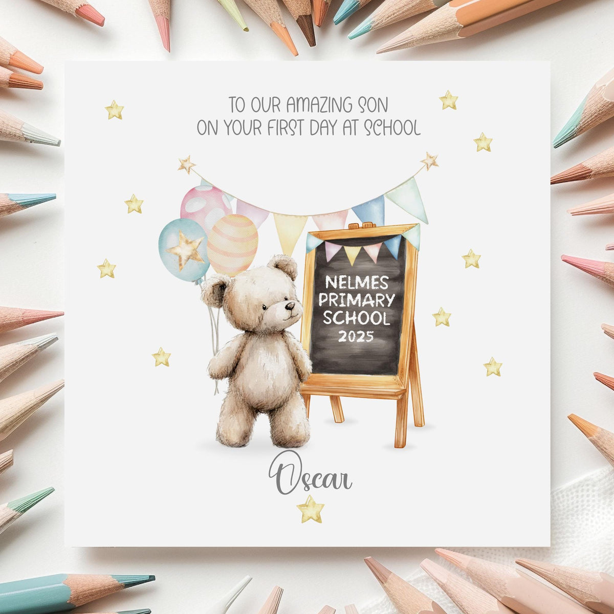 Teddy & Chalkboard First Day at School Card for Boys or Girls – Cotton and Twigg