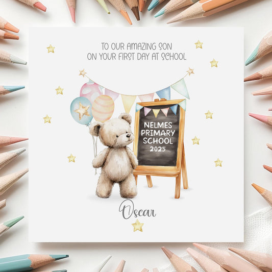 Teddy & Chalkboard First Day at School Card for Boys or Girls – Cotton and Twigg