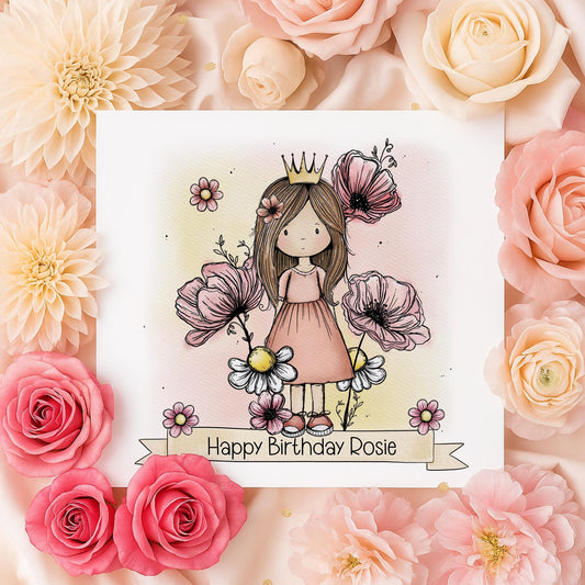 Princess & Bunny Birthday Card for Little Girls – Pink Floral – Cotton and Twigg