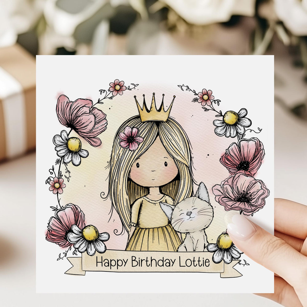 Princess & Bunny Floral Frame Birthday Card for Little Girls – Cotton and Twigg