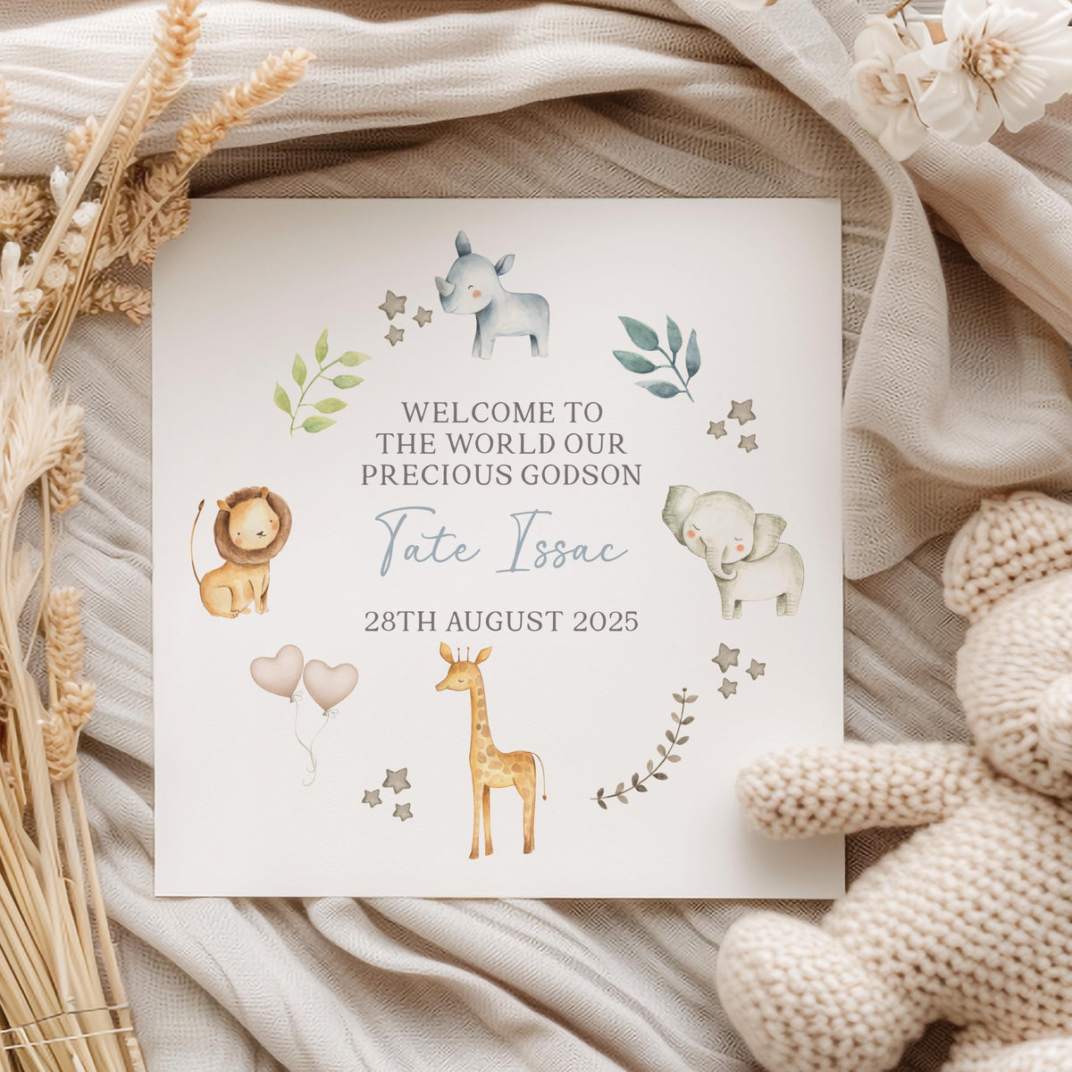 Safari Animals New Baby Card – Welcome to the World – Cotton and Twigg
