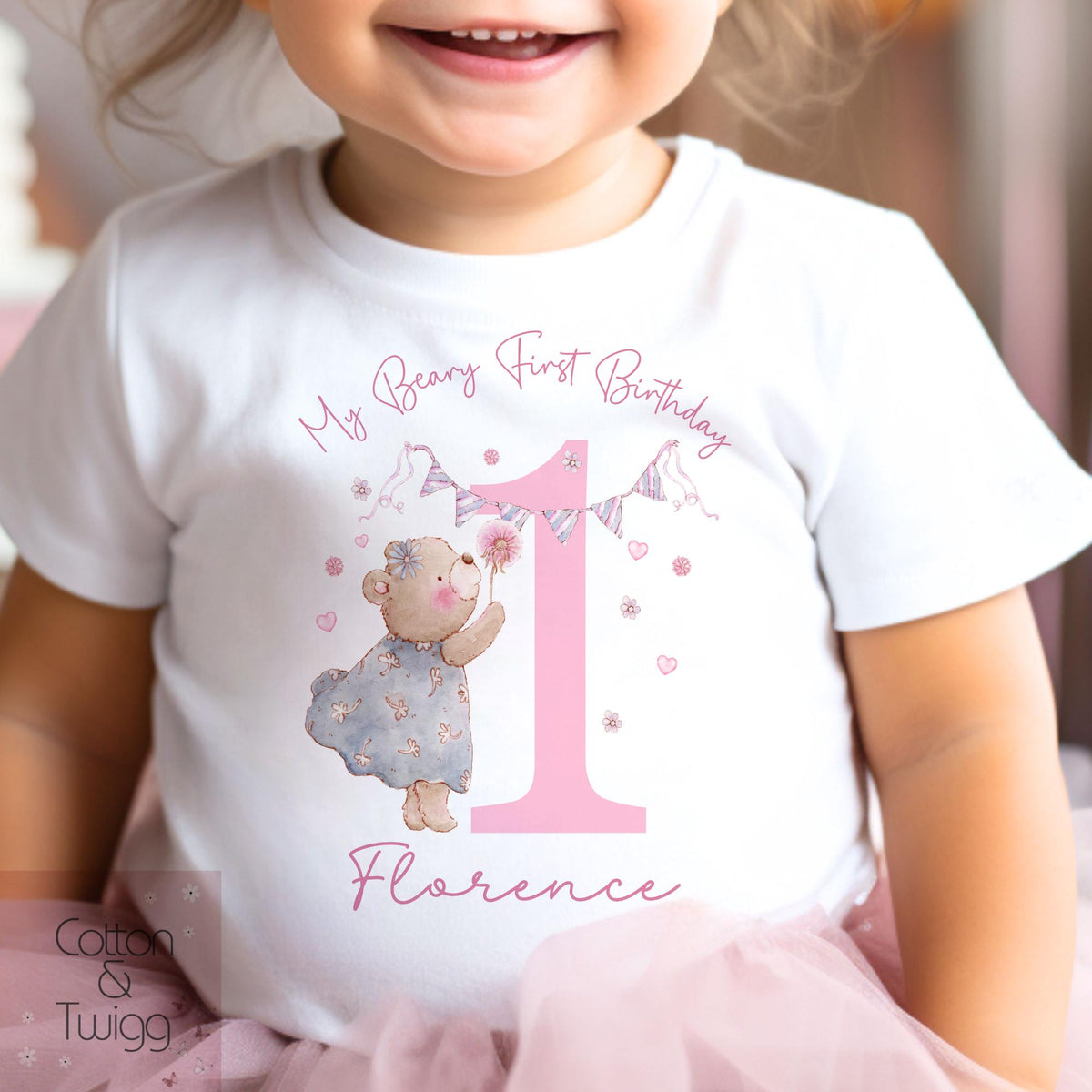 Child wearing the My Beary First Birthday girls T-shirt