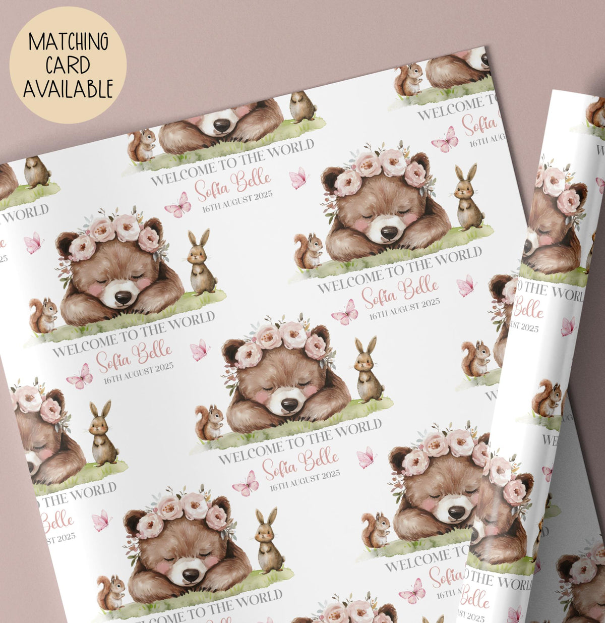 Girls woodland bear new baby wrapping paper