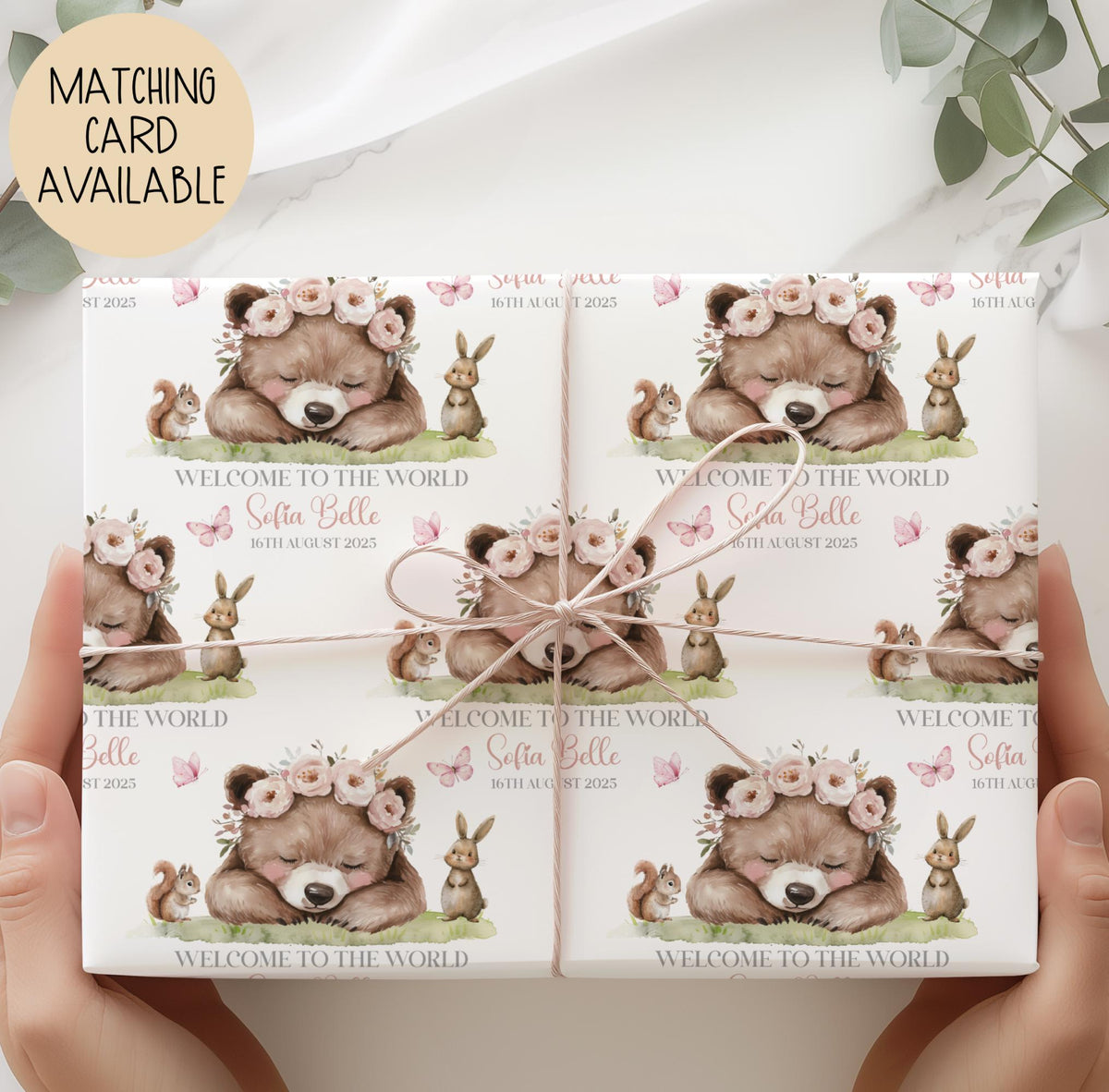 Girls woodland bear new baby wrapping paper