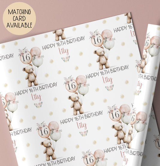 Kids teddy bear 16th birthday wrapping paper