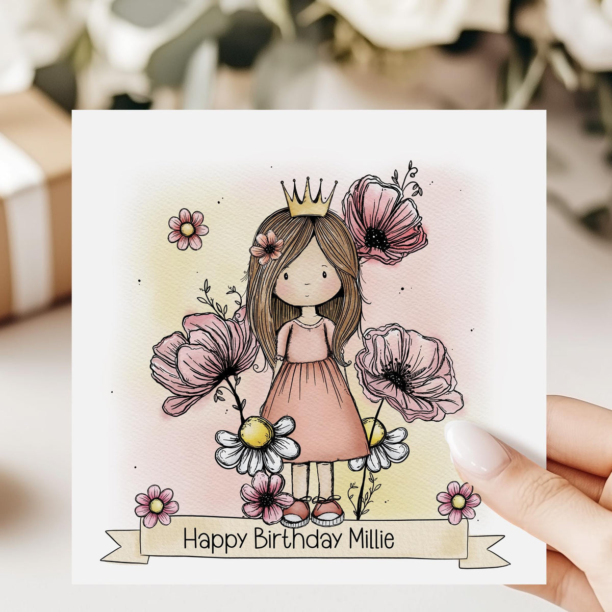 Princess & Bunny Birthday Card for Little Girls – Pink Floral – photo 2