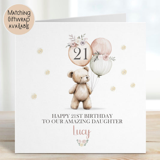 Teddy & Balloons 21st Birthday Card – Cotton and Twigg