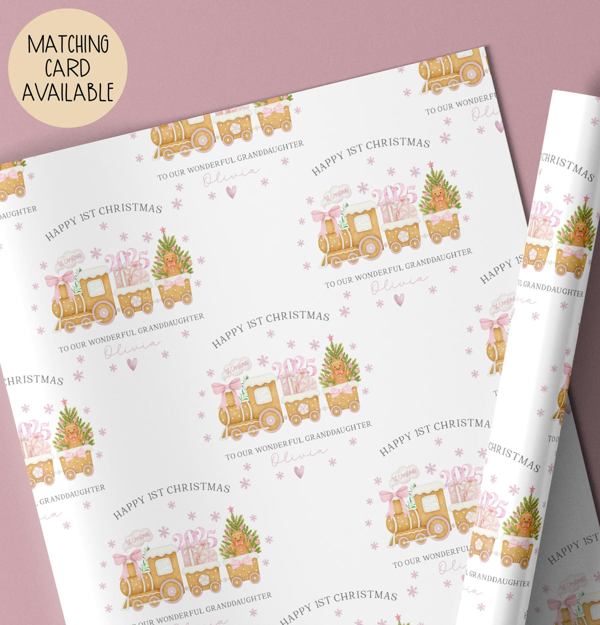 Girls pink gingerbread train 1st Christmas wrapping paper