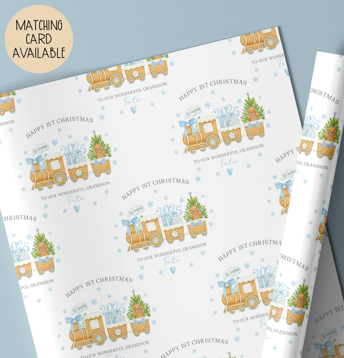 Boys blue train 1st Christmas wrapping paper