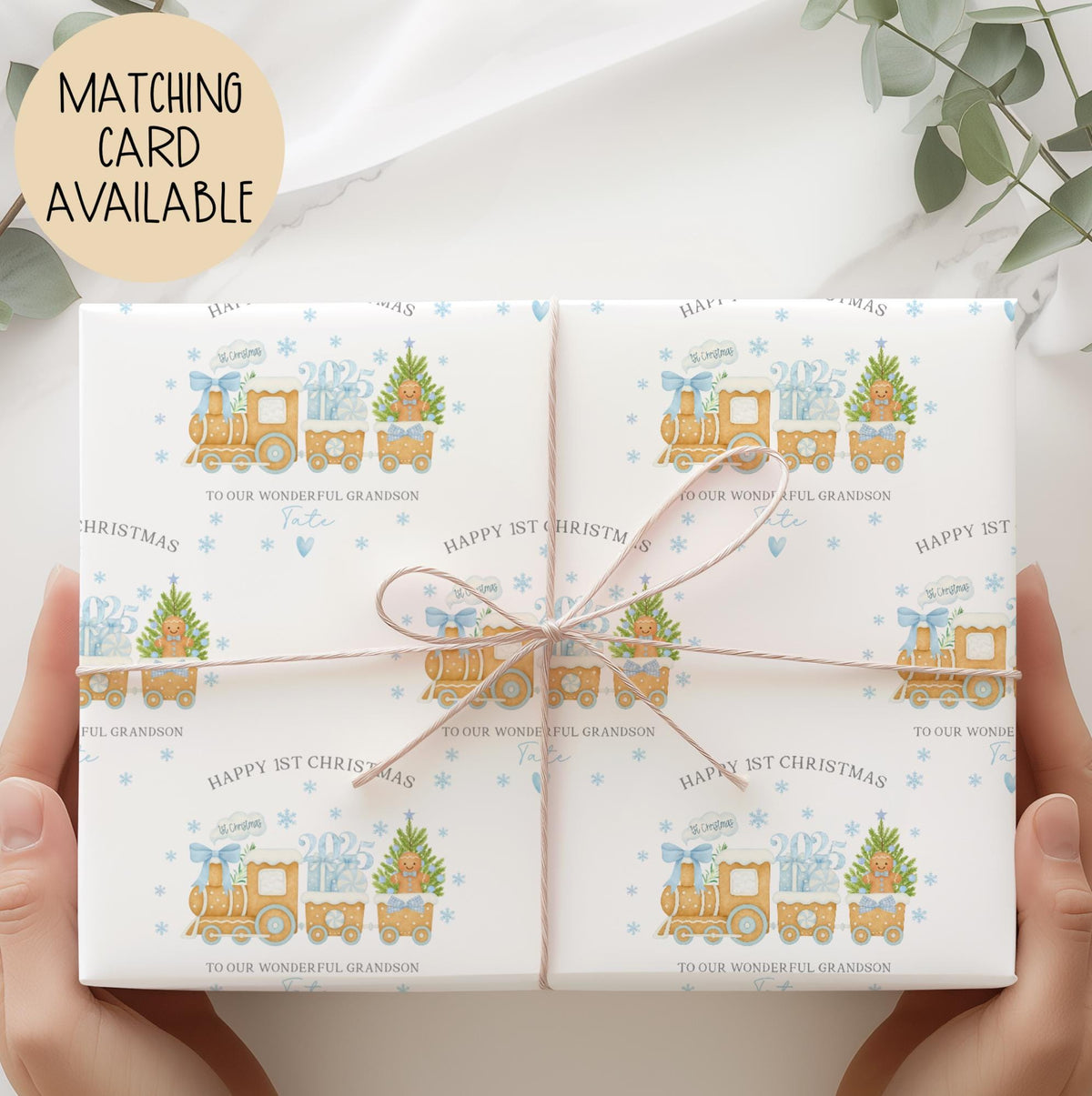 Boys blue train 1st Christmas wrapping paper